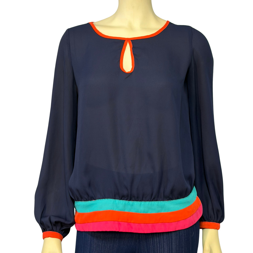 Mi Ami Sz M Chiffon Sheer Blouse Keyhole Neck Colorful Contrast Stripe Hem Navy
